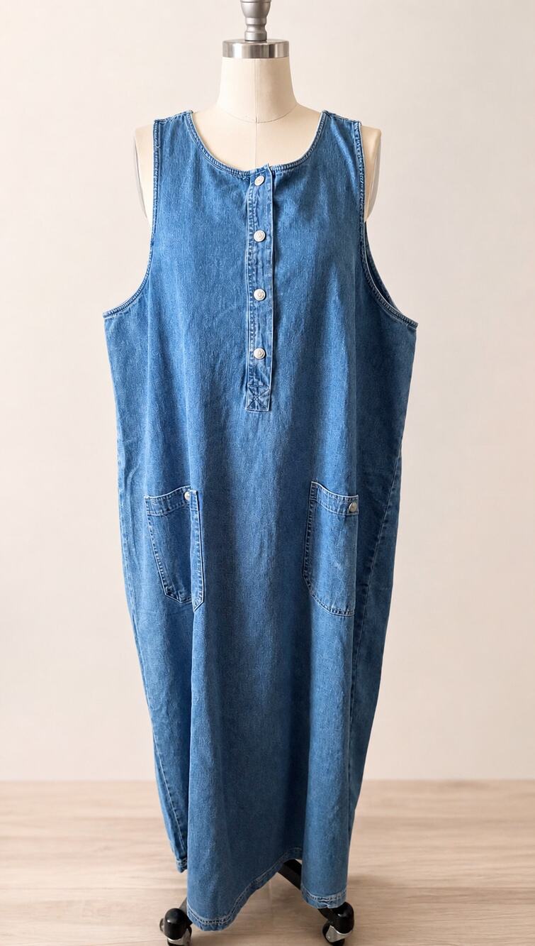 90s VTG Venezia Jeans Denim Jumper Dress 14/16 Light Wash Cotton Pockets